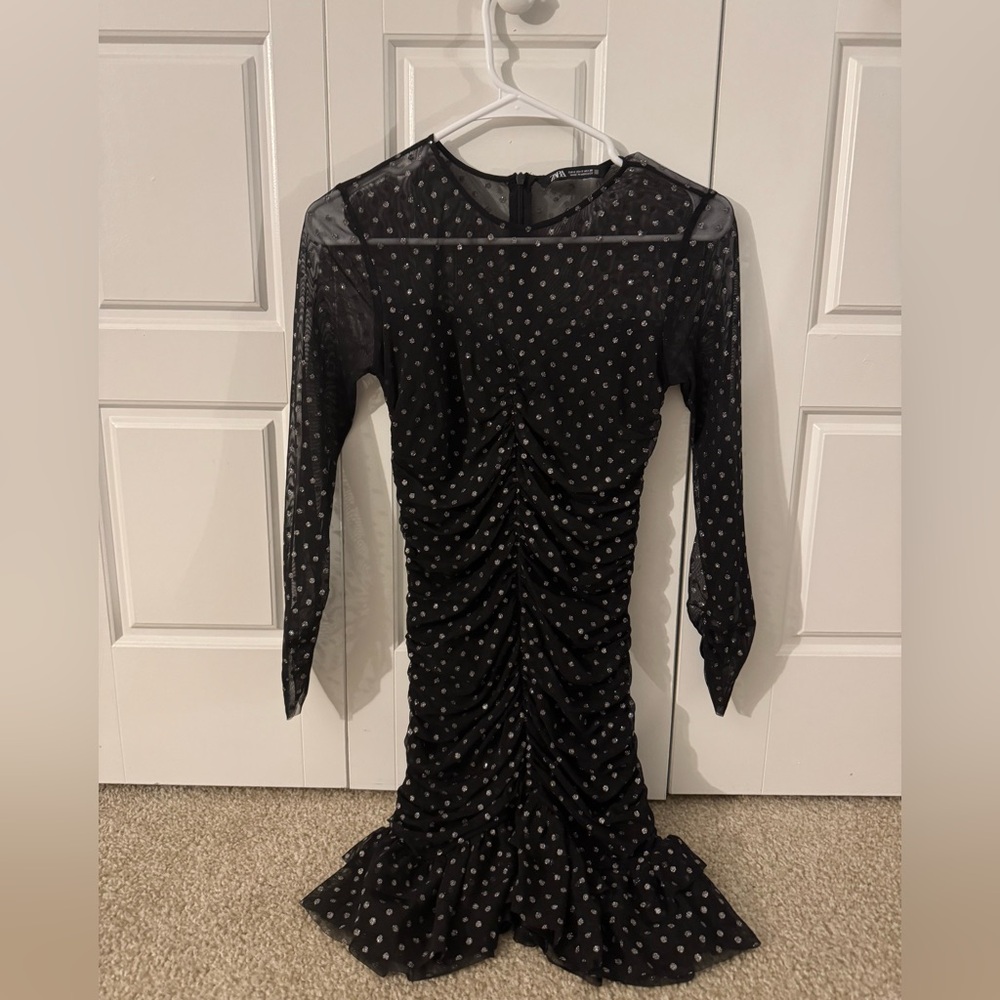 Zara Black Sparkly Polka Dot Ruched Dress
